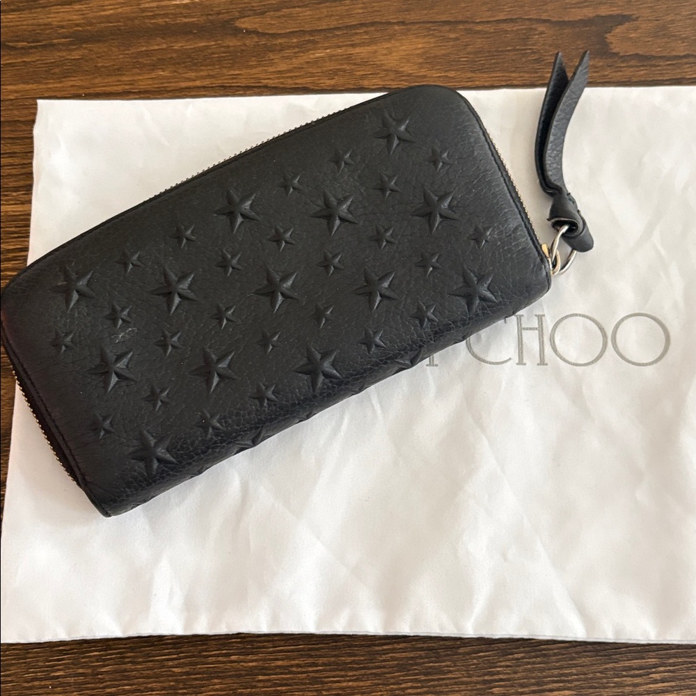 JIMMY CHOO London Carnaby Black Leather Star Embossed Long Wallet w/ Dust Bag